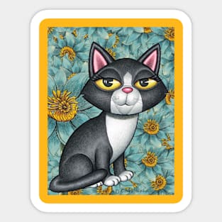 Fun Black and White Kitty Cat on teal and yellow flowers Sticker